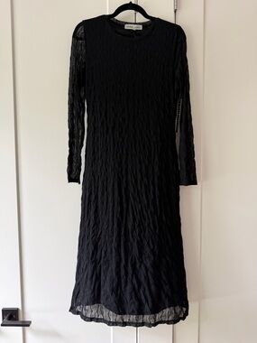 Black Long Sleeve Textured Mesh Midi Dress